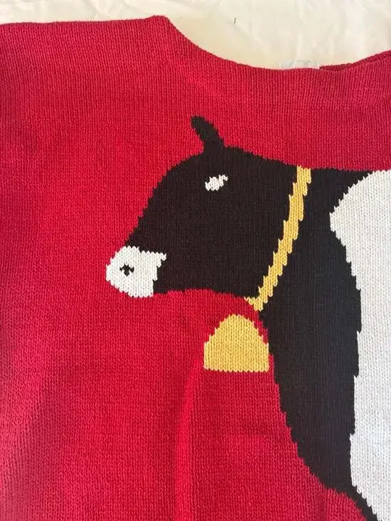 Vintage 80s J.G. Hook Red Knit Cow Graphic Short Sleeve Sweater Medium - Picture 3 of 11